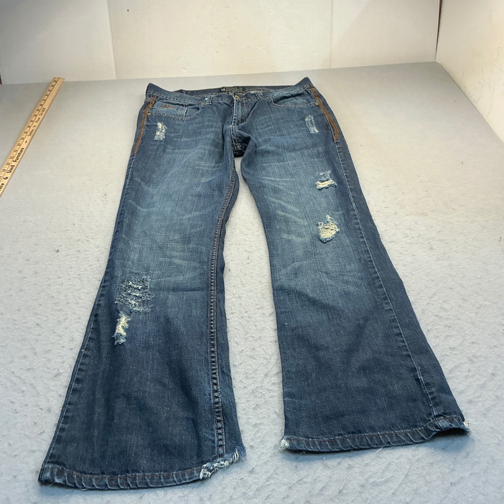 STITCH Y2K Bootcut Jeans Embroidered Flap Pocket Distressed Blue Denim 36x32